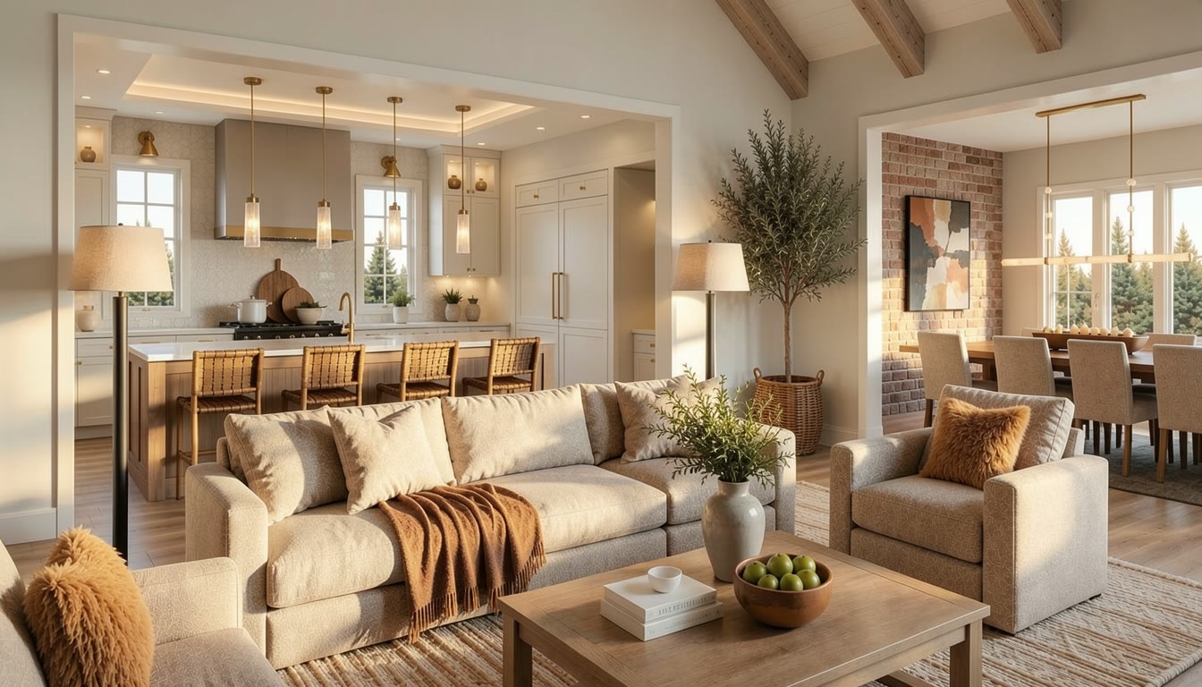 Living, dining, and kitchen rendering at 21217 Scarlet Tanager Cove