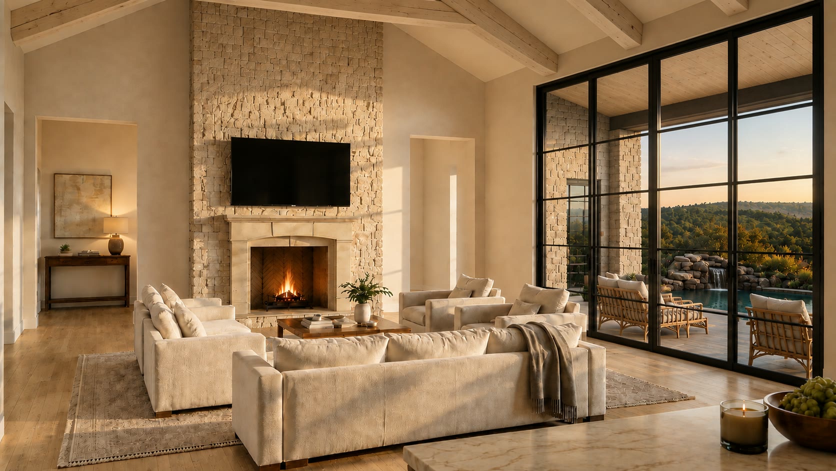 Living room rendering opening to the pool and landscaped grounds at 21217 Scarlet Tanager Cove