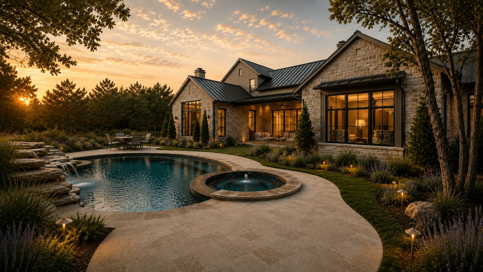 Landscaped pool and rear elevation rendering at 21217 Scarlet Tanager Cove in Travis Club