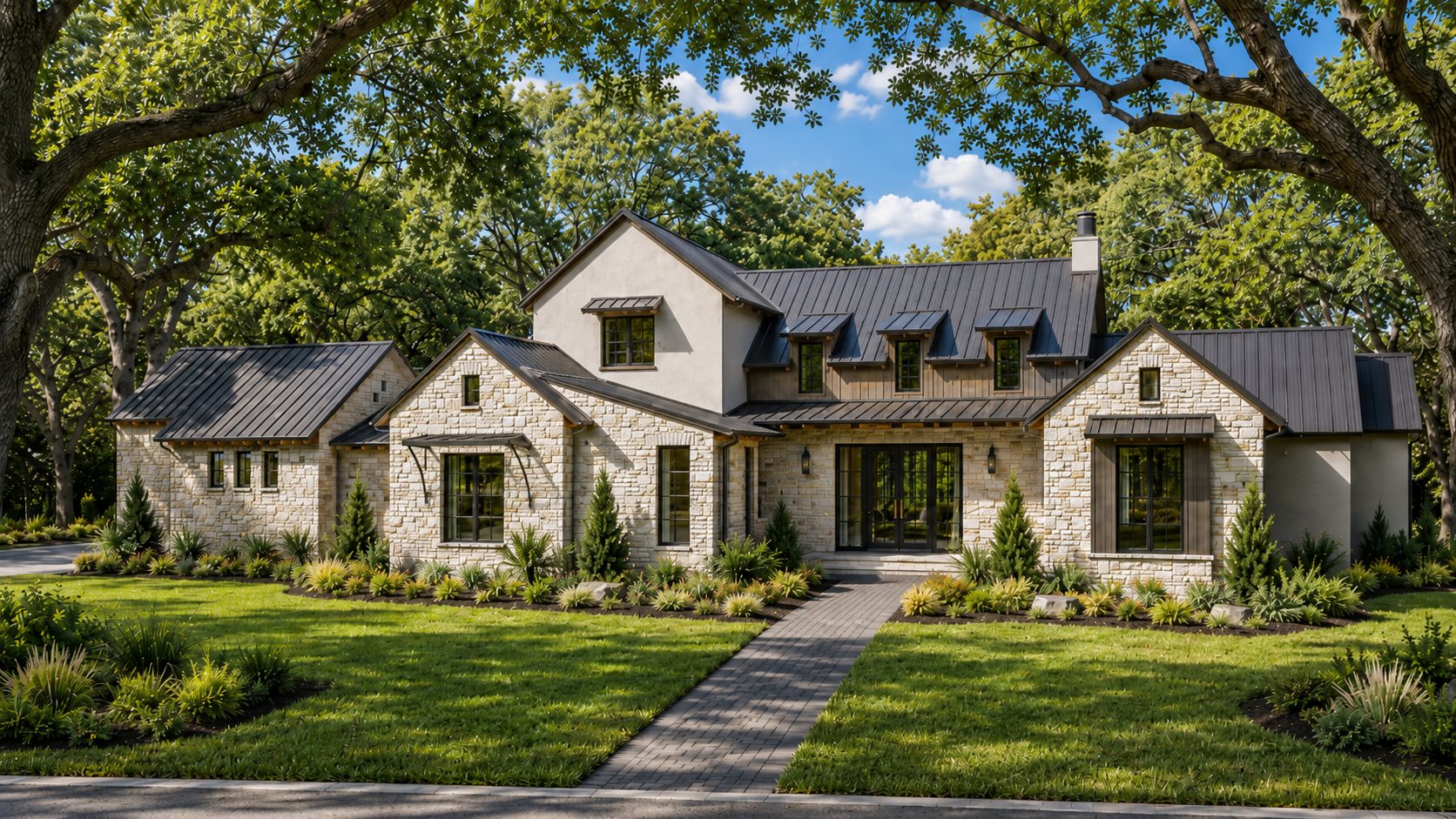 Front elevation rendering of 913 The Trails shaded by heritage oak trees