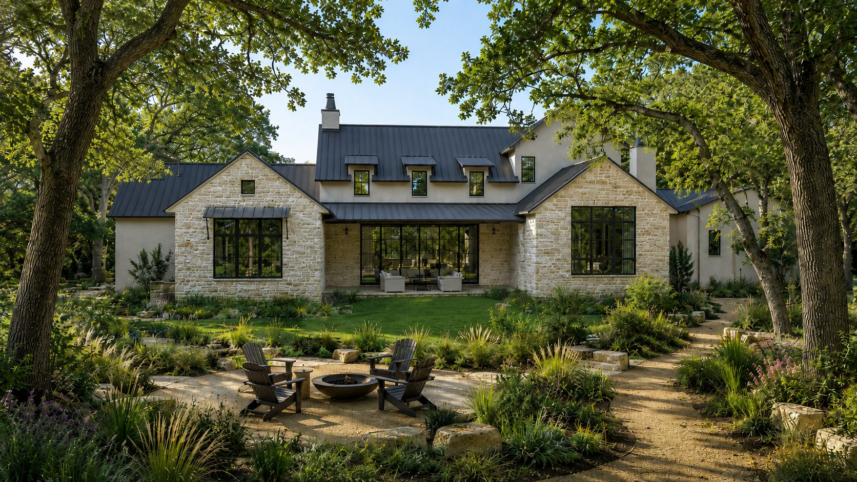 Rear elevation rendering of 913 The Trails framed by heritage oak trees